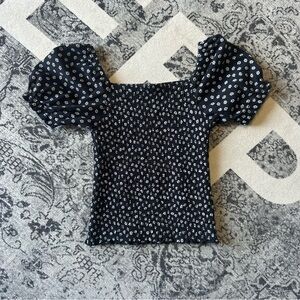 Black Floral Puff Sleeve Top 7/8